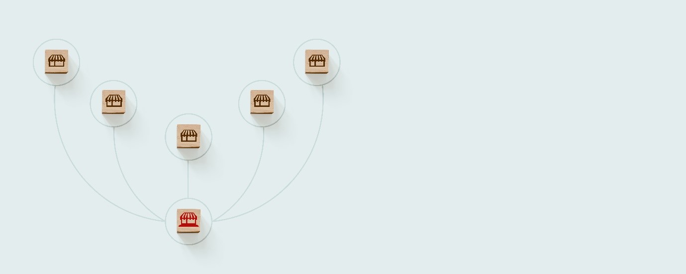 An image of five businesses stemming from one main business, visualising a franchise